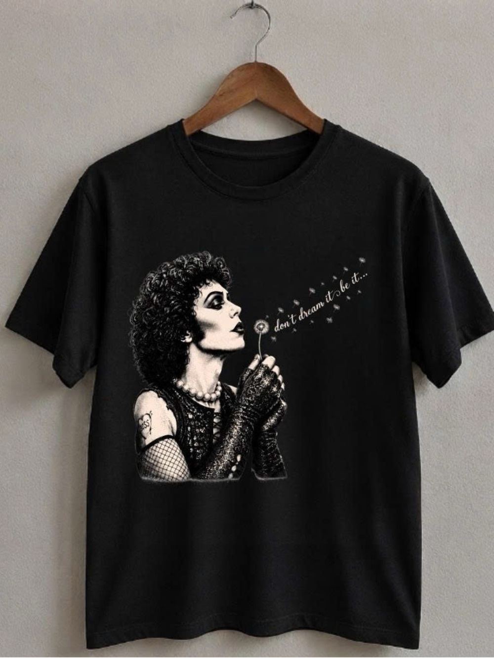 Tim Curry Black Women's Graphic Tee with Retro Portrait and 'Don't Dream It' Pri